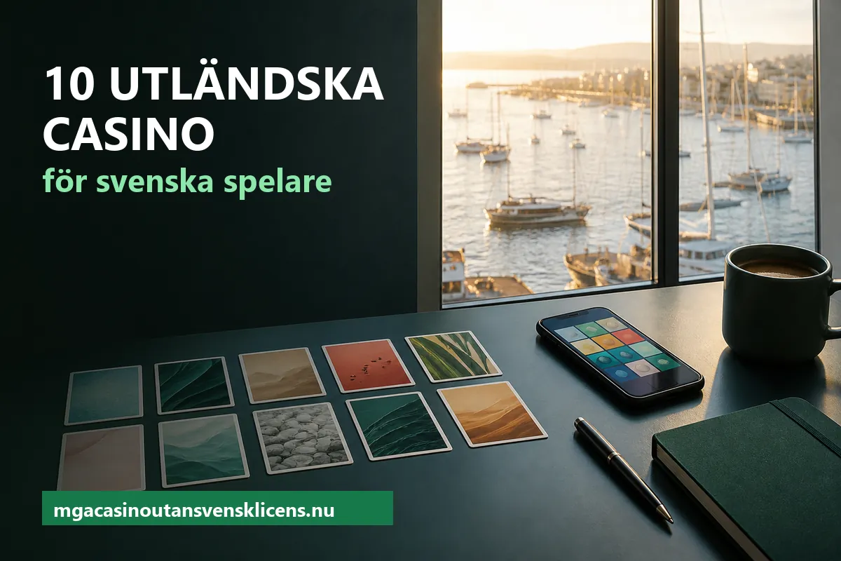 10 utländska casino för svenska spelare – tio kort i två rader på ett skrivbord vid en hamn, bredvid en mobil med en spellobby