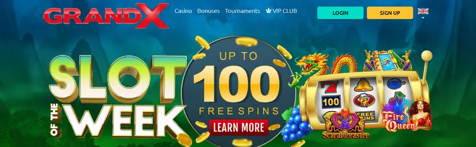 GrandX startsida med veckans slot och free spins