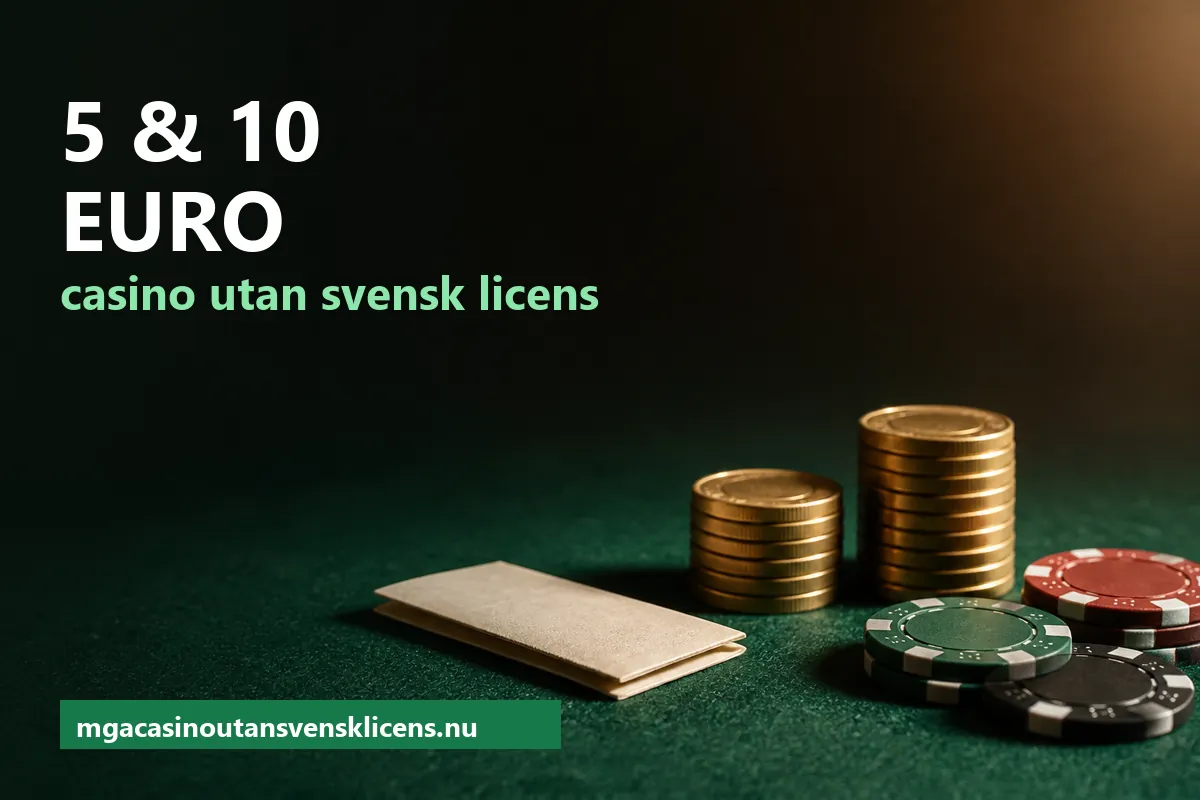 Två små myntstaplar, den ena dubbelt så hög som den andra, bredvid spelmarker på ett mörkgrönt bord – casino utan svensk licens med 5 och 10 euro