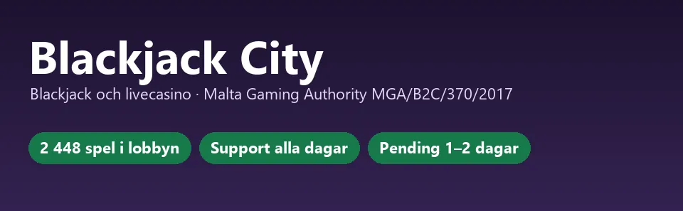 Faktakort för Blackjack City med licensnummer, antal spel och supporttider