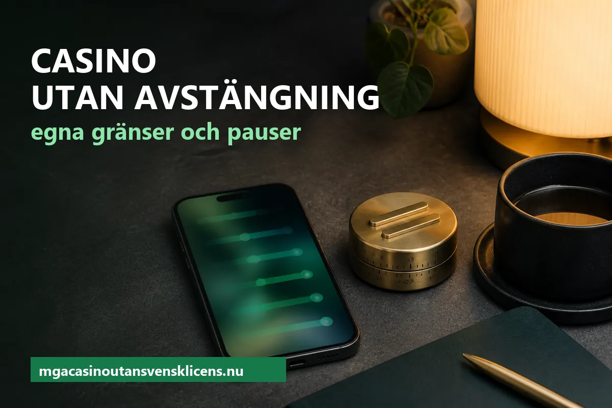 Casino utan avstängning – mobil med gröna reglage, en mässingstimer och en kopp kaffe på ett mörkt skrivbord i kvällsljus