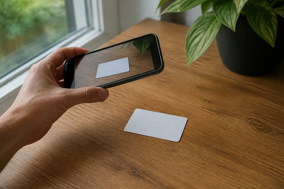 Hand som fotograferar ett id-kort utan text med en mobiltelefon i dagsljus vid ett fönster
