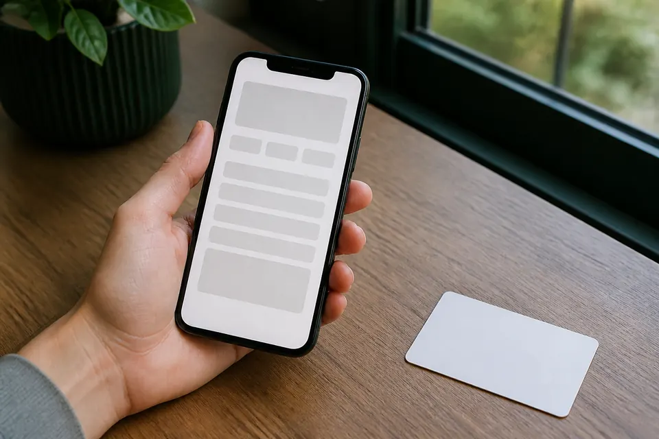 Hand som håller en mobiltelefon med ett tomt formulär ovanför ett id-kort utan text på ett skrivbord