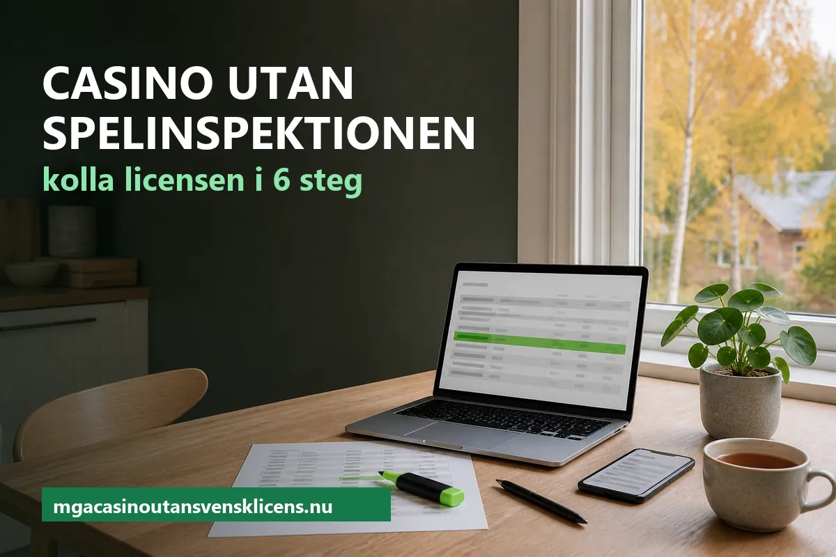 Casino utan Spelinspektionen – så kollar du licensen: laptop med ett register, utskriven lista med markeringar och en mobil på ett skrivbord