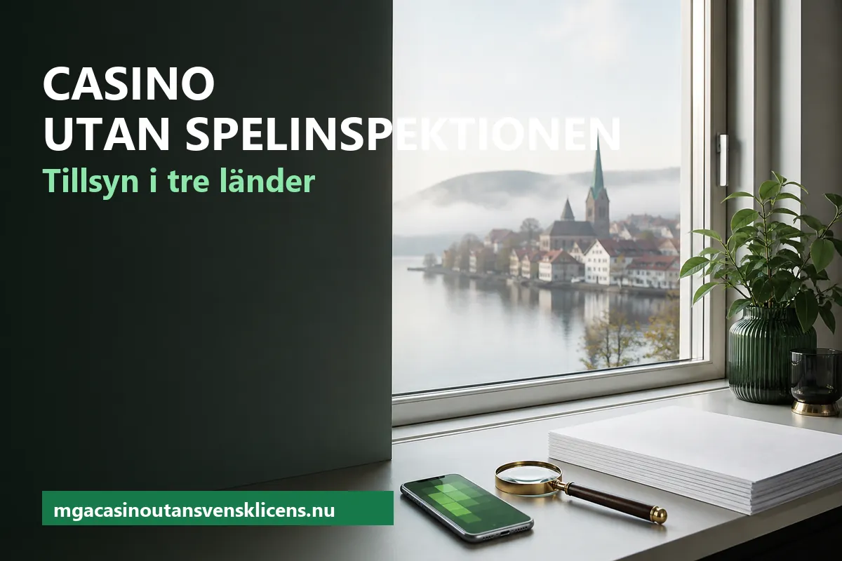 Casino utan Spelinspektionen – fönsterbräda med en mobil, ett förstoringsglas och blanka dokument framför en stilla sjö och en småstad i morgonljus
