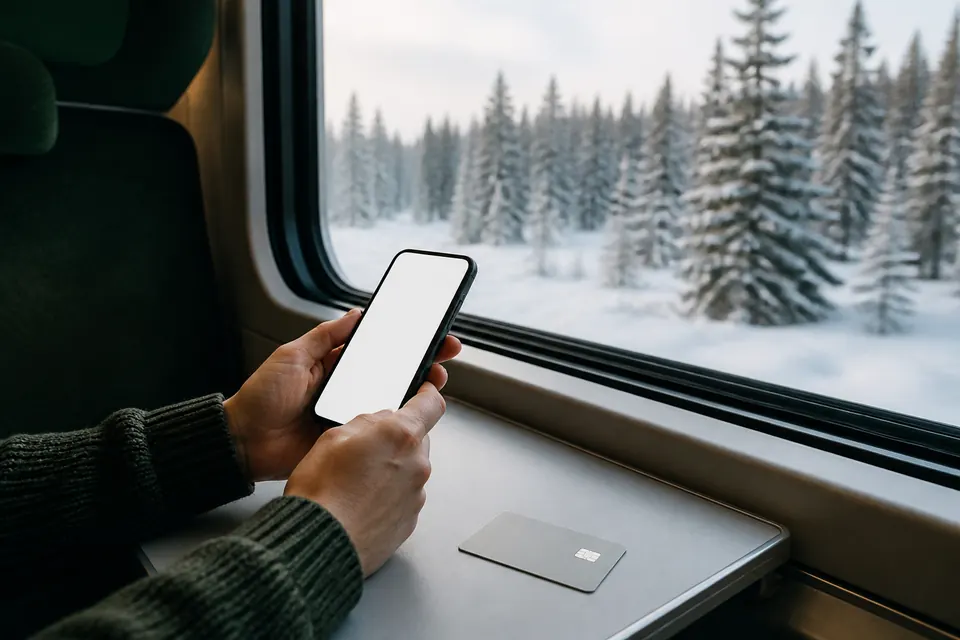 Händer med mobiltelefon och bankkort vid ett tågfönster med snöig skog utanför