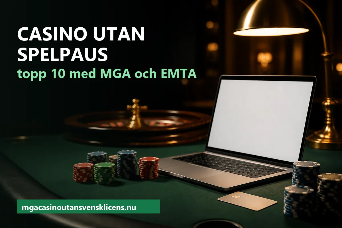 Laptop, spelmarker och roulettehjul på ett mörkgrönt spelbord – casino utan Spelpaus