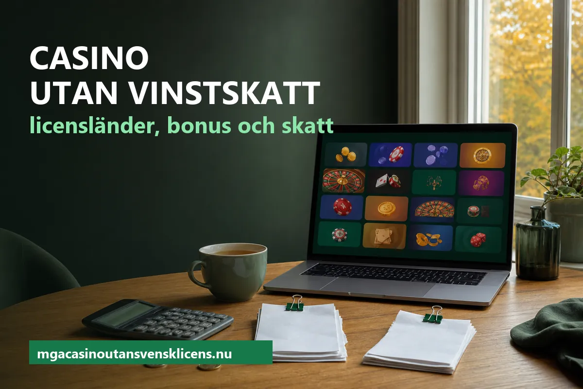Casino utan vinstskatt – skrivbord med en miniräknare, en laptop med en spellobby och kvitton sorterade i två högar