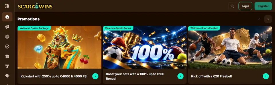 Scarawins startsida 26 oktober 2026 med välkomstpaketet för casino, sportbonus och freebet
