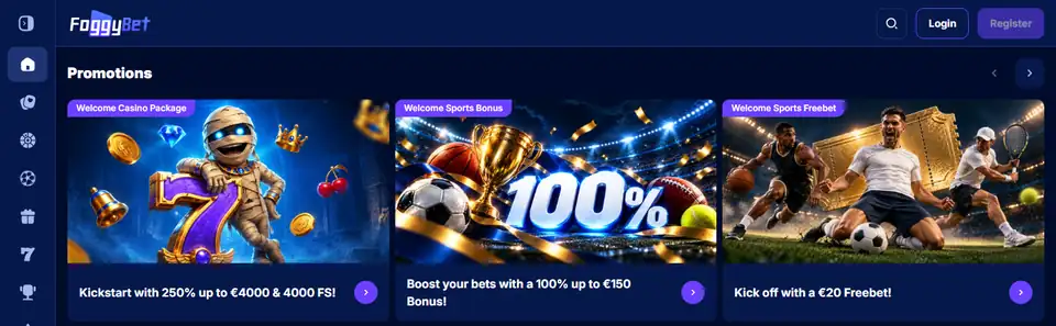 FoggyBets engelska startsida med Welcome Casino Package, sportbonus och freebet