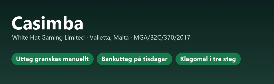 Faktakort för Casimba med licensnummer MGA/B2C/370/2017 och uttag som granskas manuellt