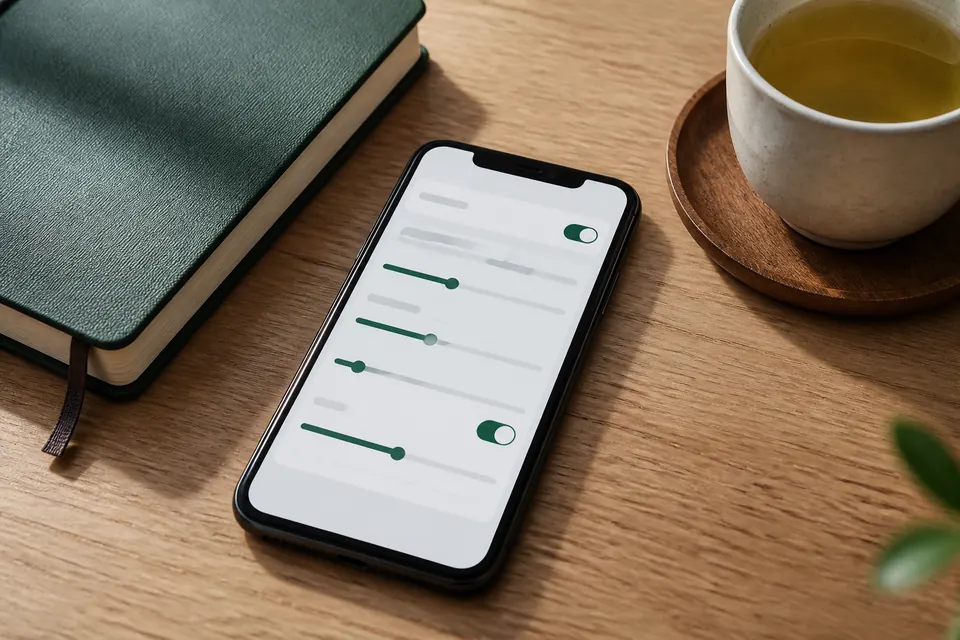 Efter Spelpaus – en mobil med en enkel inställningsvy med skjutreglage på ett träbord bredvid en anteckningsbok