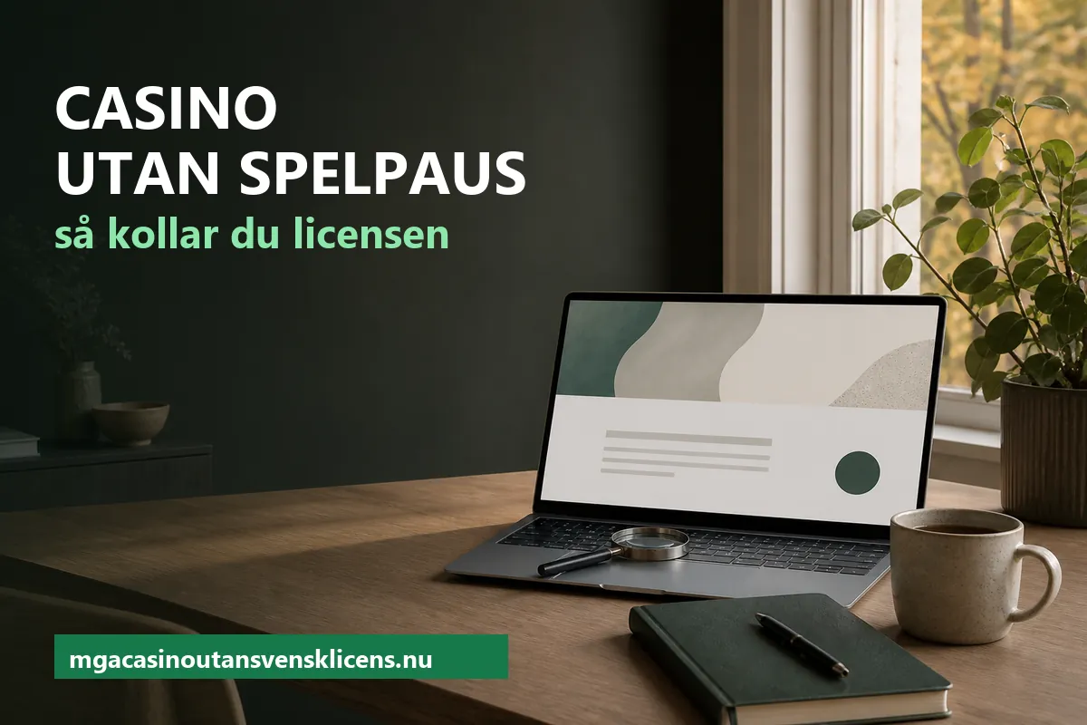 Casino som inte är med i Spelpaus – laptop med en sidfot och ett grönt sigill, förstoringsglas och kaffekopp på ett skrivbord i morgonljus