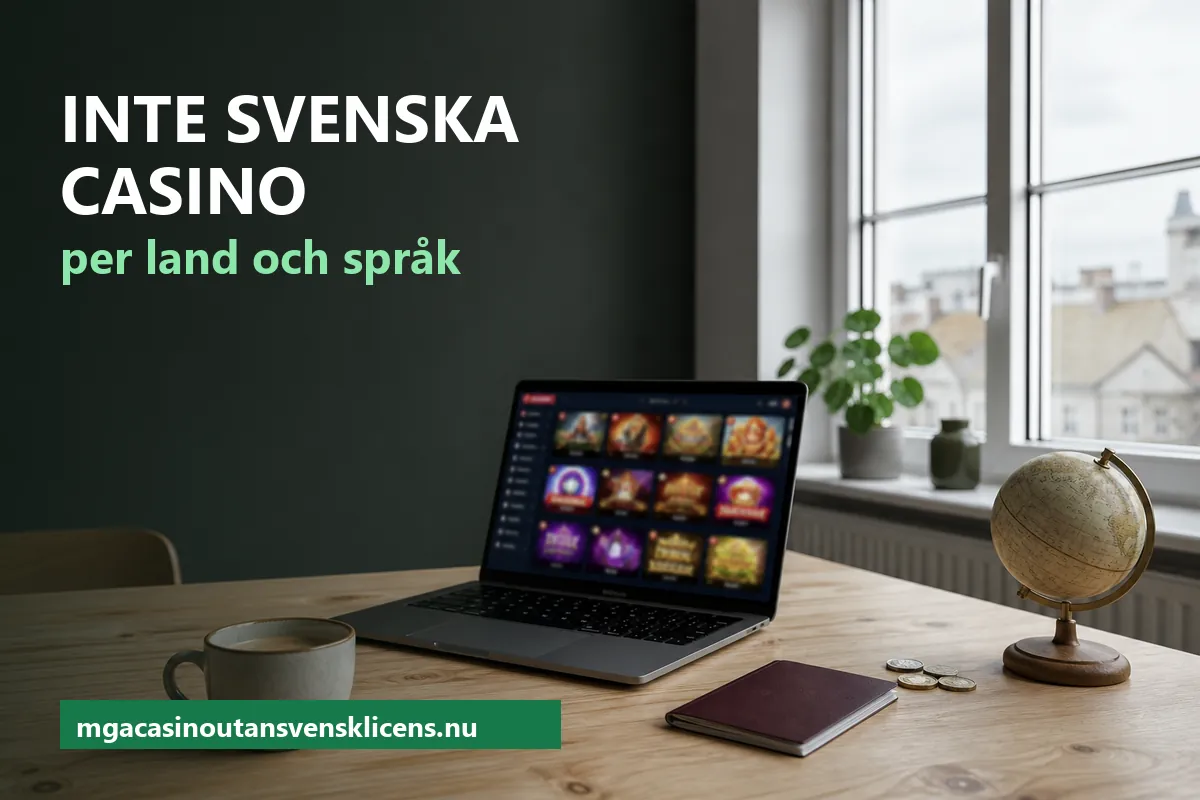 Bärbar dator med en suddig spellobby på ett bord, bredvid ett pass, några mynt, en kaffekopp och en liten jordglob