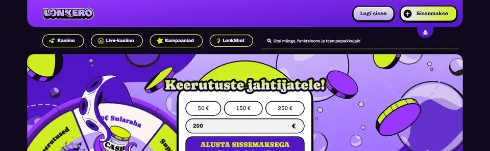 Lonkero Kasinos estniska startsida med rubriken Keerutuste jahtijatele och insättningsruta på 50, 150 och 250 euro