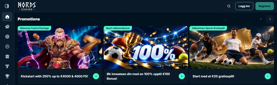 Nords Casinos norska startsida med Welcome Casino Package, Sport velkomstbonus och Velkommen Sports Gratisspill