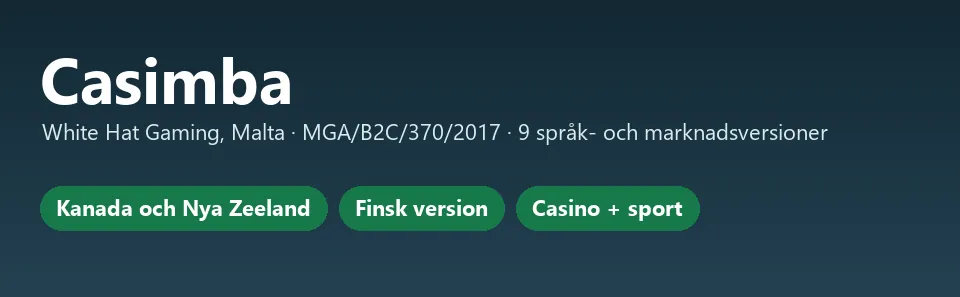 Faktakort för Casimba: White Hat Gaming på Malta, licens MGA/B2C/370/2017 och nio språk- och marknadsversioner
