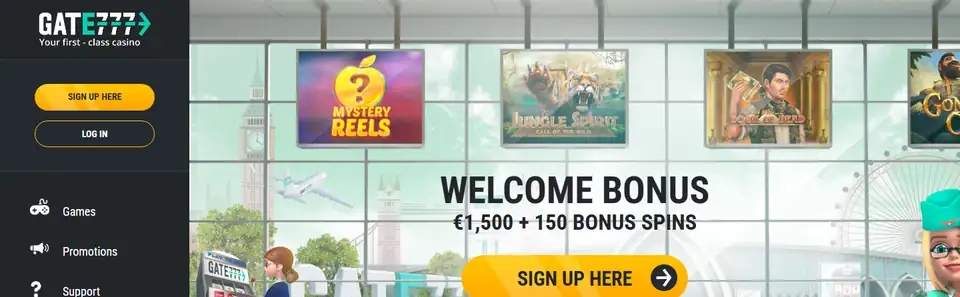 Gate777s startsida med flygplatstema och välkomstbonusen 1 500 euro plus 150 bonusspinn