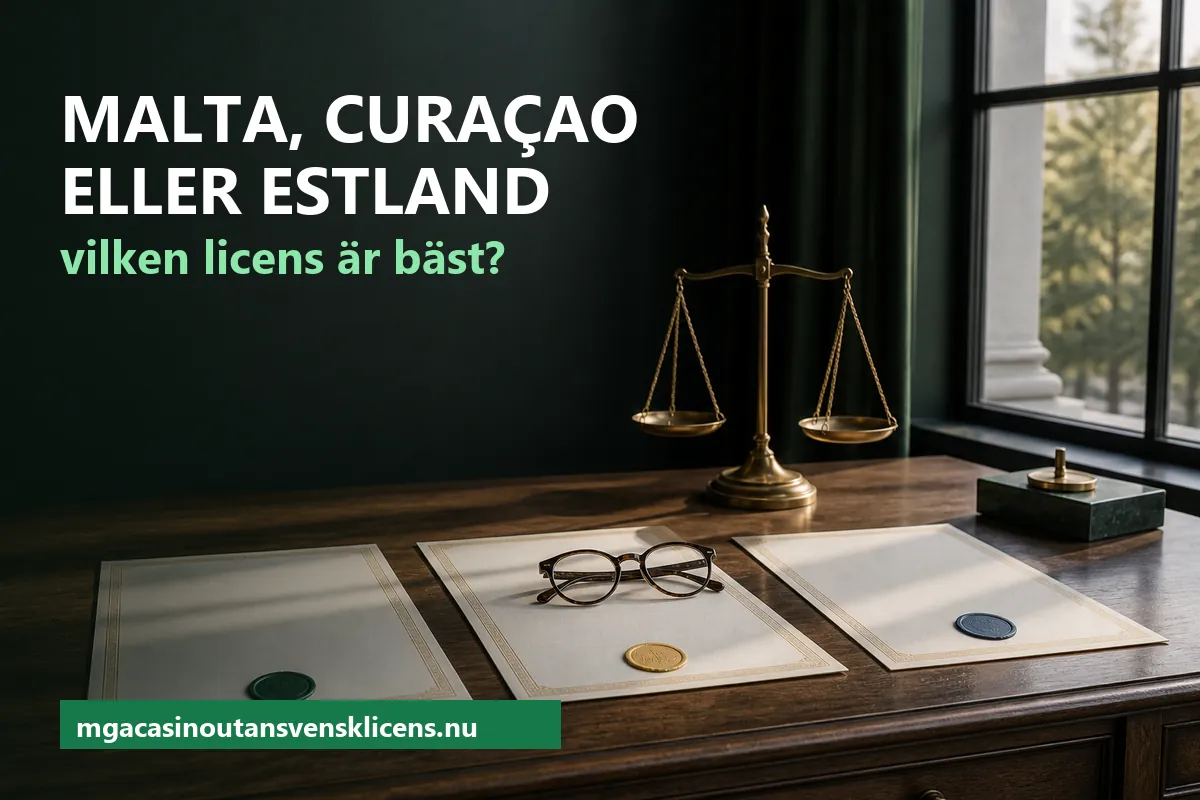 Casino med licens i Malta, Curacao eller Estland – tre licensdokument med olika sigill och en våg på ett skrivbord vid fönstret