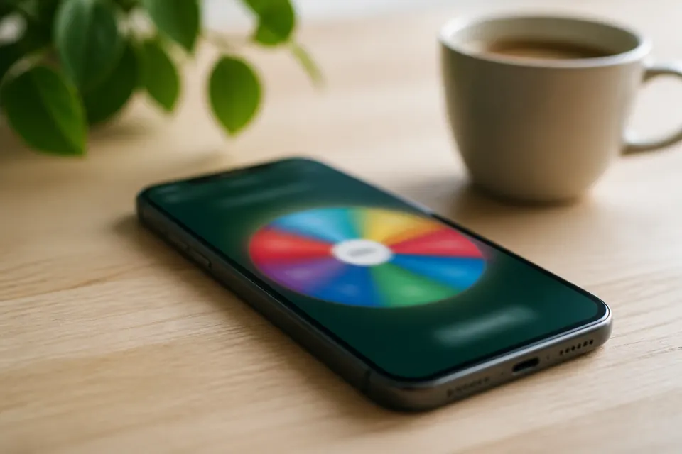 Mobiltelefon på ett bord som visar ett färgglatt pengahjul, med en kaffekopp i bakgrunden