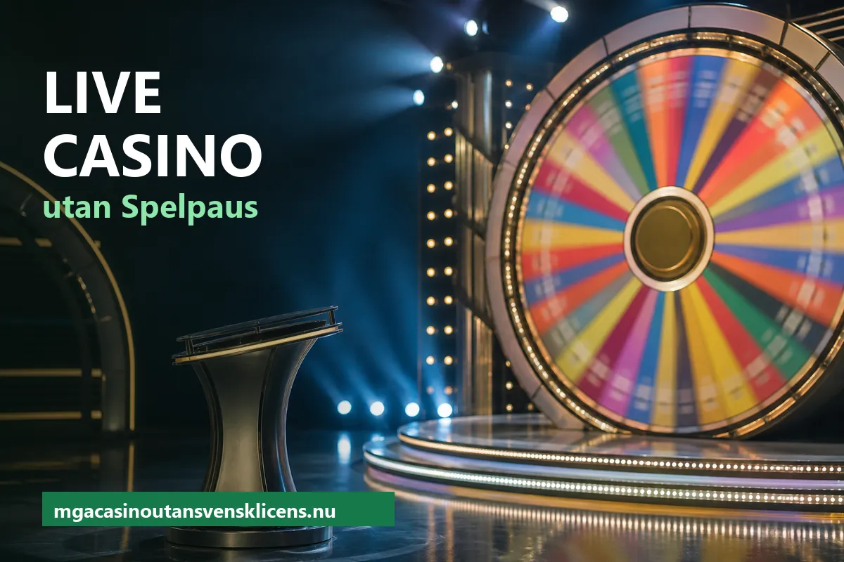Stort färgglatt pengahjul i en tv-studio med scenljus – live casino utan Spelpaus med game shows