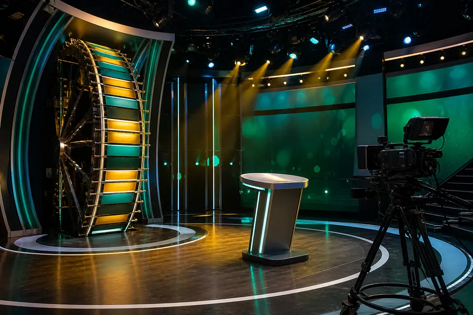 Tv-studio med ett stort lodrätt pengahjul, färgade lampor och ett tomt podium