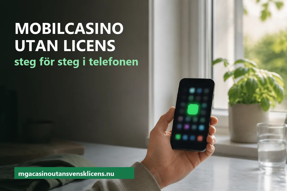Mobiltelefon i handen framför ett köksfönster med en hemskärm full av suddiga appikoner – mobilcasino utan licens steg för steg