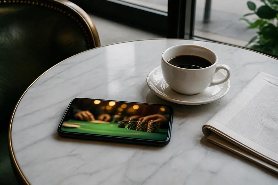 Mobiltelefon på ett kafébord bredvid en kaffekopp, skärmen visar en suddig videoström från ett grönt spelbord