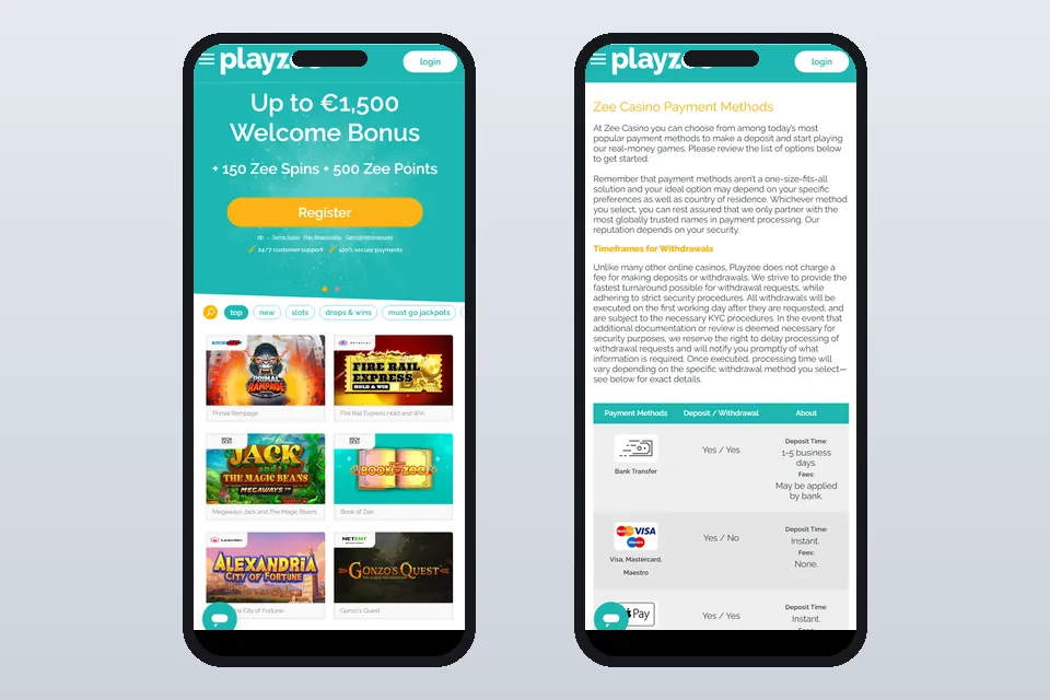Playzees startsida och betalsida med Bank Transfer, Visa och Apple Pay i en mobiltelefon