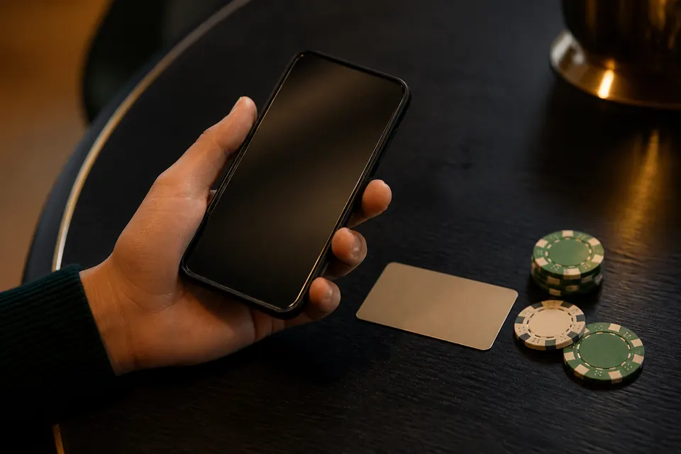 Hand som håller en mobil över ett bord med ett litet presentkort och några spelmarker