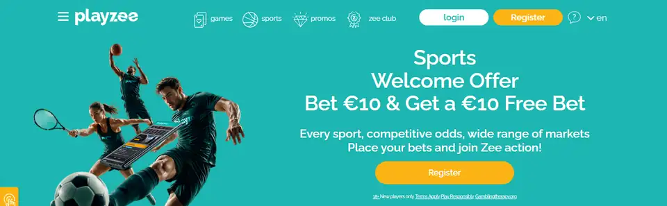 Playzees startsida med sportkampanjen Bet 10 euro och få en freebet på 10 euro