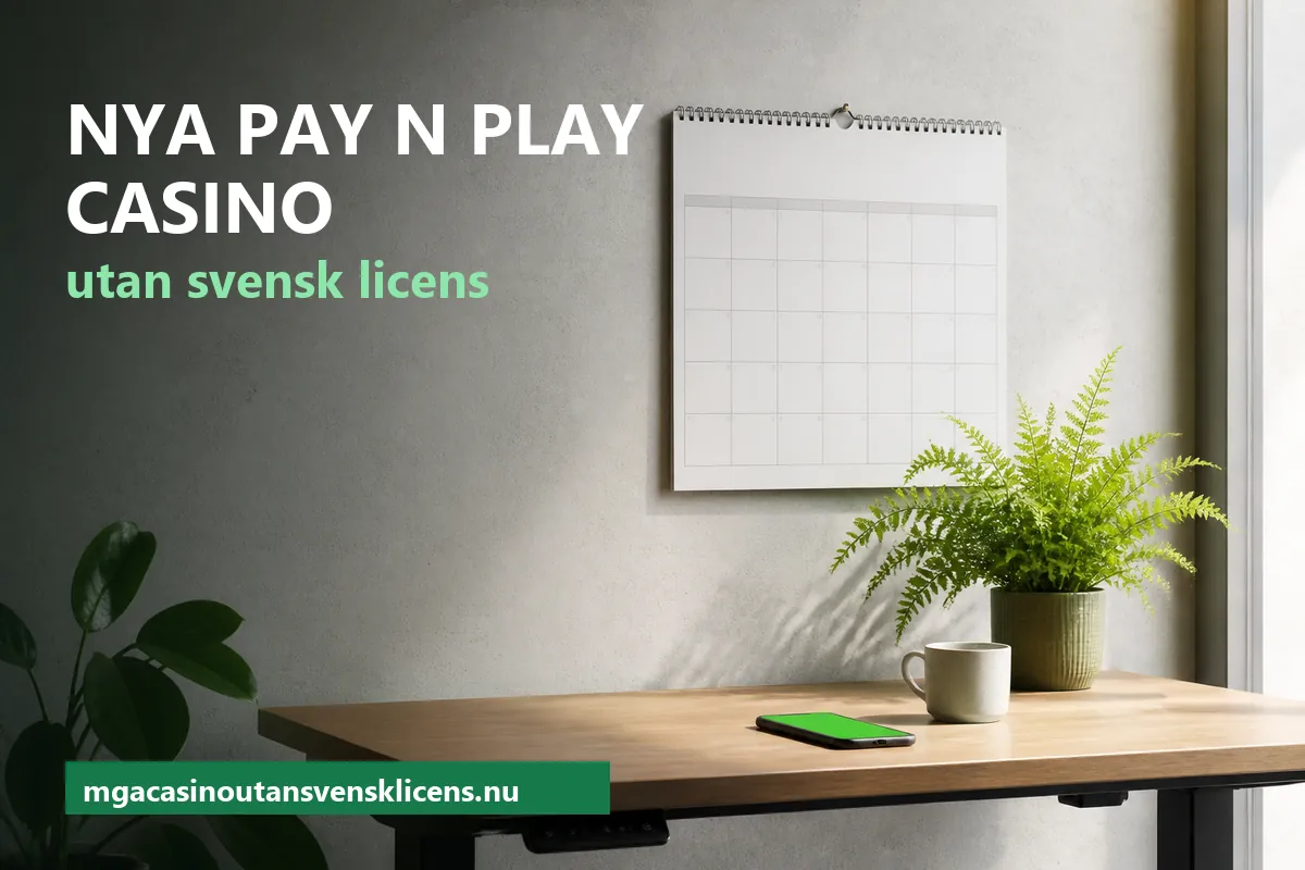 Tom väggkalender ovanför ett skrivbord med en mobiltelefon med grön skärm, en kaffekopp och en ormbunke – nya Pay N Play casino utan svensk licens