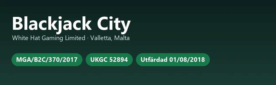 Faktakort för Blackjack City med licensnummer MGA/B2C/370/2017 och UKGC-konto 52894