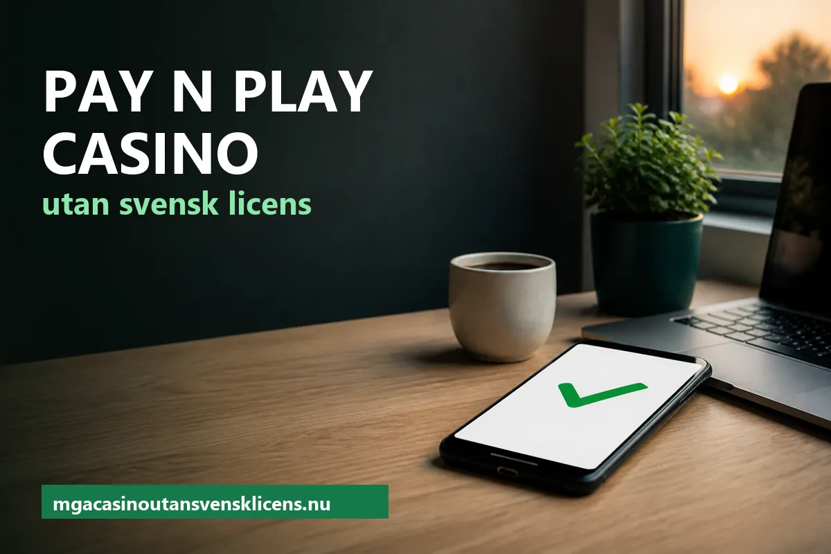 Mobiltelefon med en grön bock på skärmen bredvid en laptop och en kaffekopp – Pay N Play på casino utan svensk licens