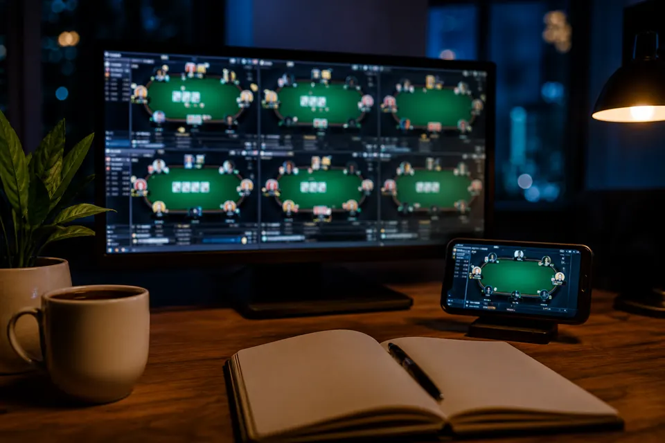 Flera pokerbord i en turneringsklient på en datorskärm och en mobil på ett skrivbord på kvällen
