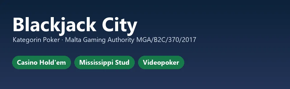 Faktakort för Blackjack City med licens och pokerspel