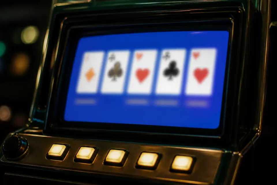 Videopokermaskin med fem kort på en blå skärm och fem upplysta hållknappar