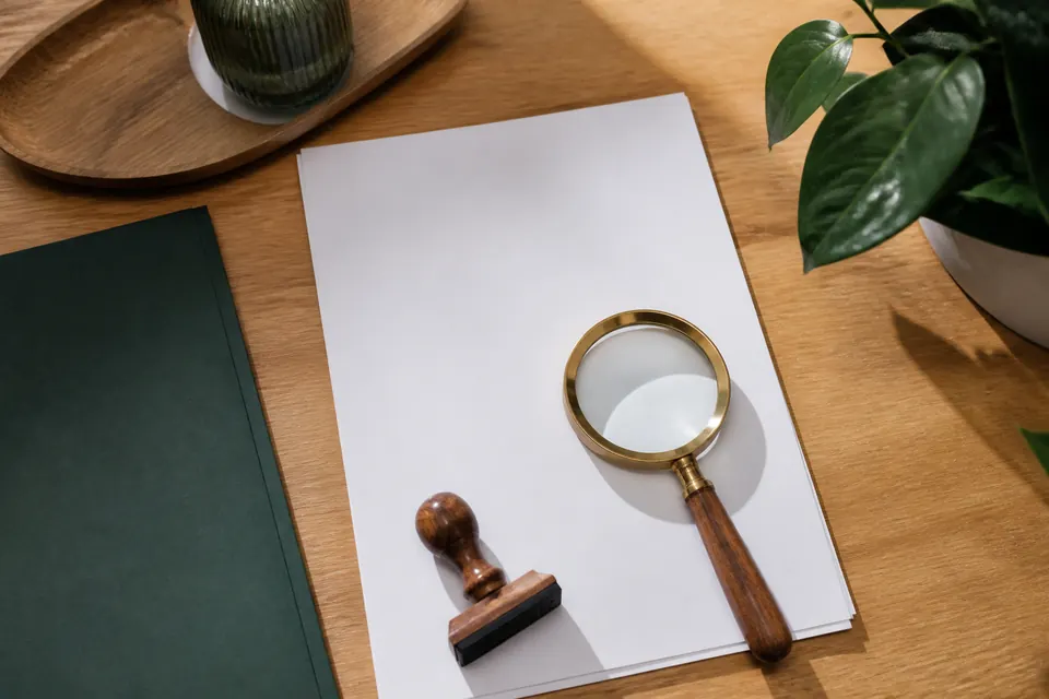 Förstoringsglas över ett tomt dokument och en stämpel utan text på ett ljust ekbord