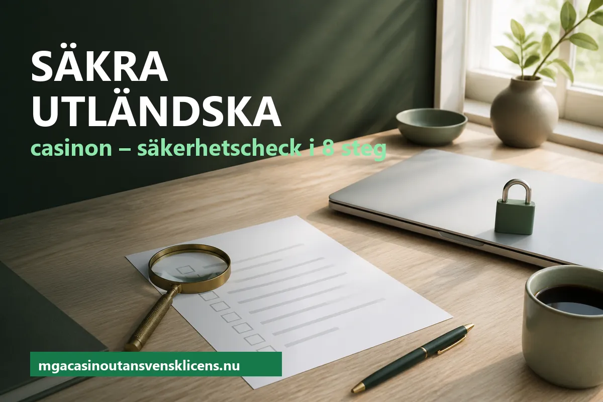Ljust skrivbord med en checklista med tomma rutor, ett förstoringsglas, en stängd bärbar dator med ett grönt hänglås, en grön penna och en kopp kaffe i dagsljus