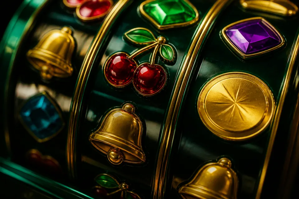 Närbild på färgglada slotsymboler och glödande hjul i en mörk spelautomat