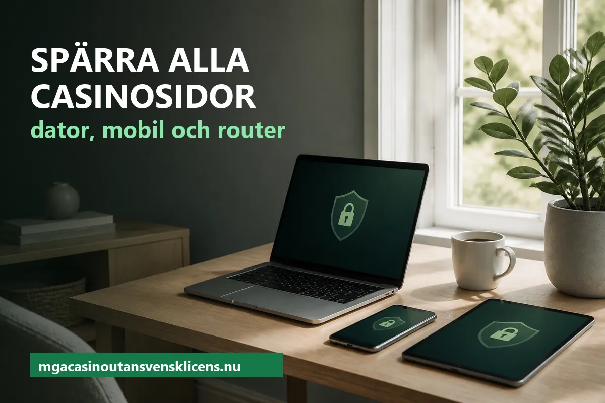 Spärra alla casinosidor – en laptop, en mobil och en surfplatta på ett ljust skrivbord med en grön sköld med hänglås på skärmarna