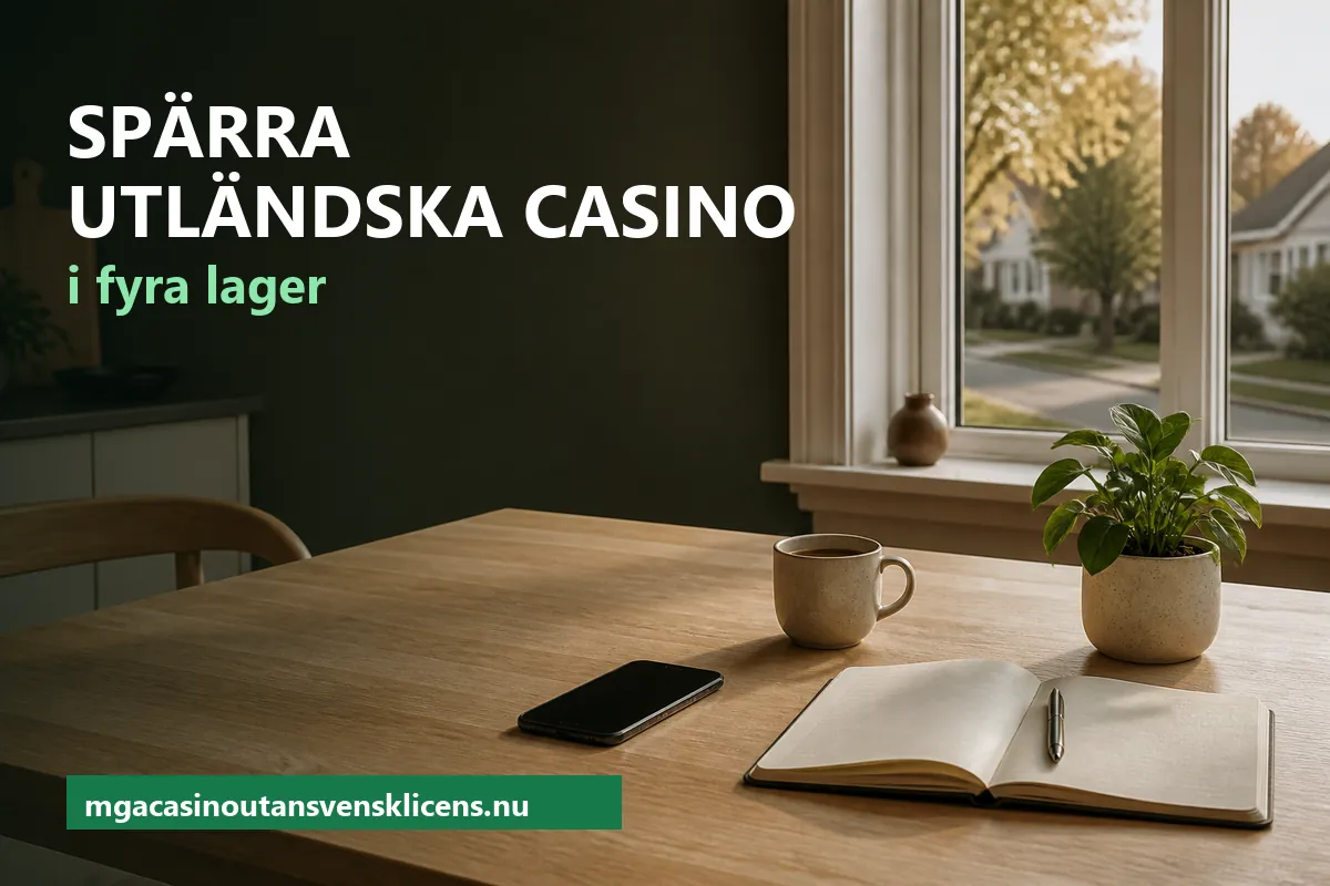 Spärra utländska casino – en mobil med låst skärm bredvid en anteckningsbok och en kopp kaffe på ett ljust köksbord i kvällsljus