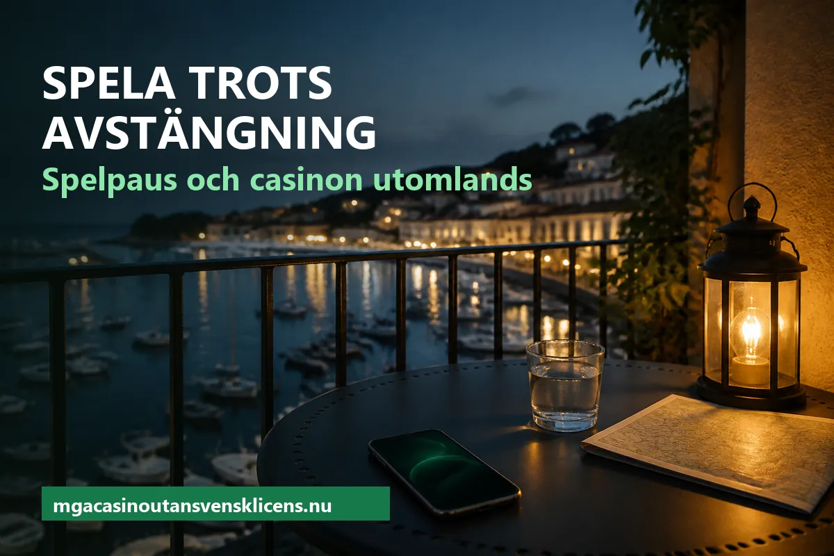 Spela trots avstängning – en mobil, ett glas vatten och en karta på ett balkongbord en kväll med hamnljus i bakgrunden