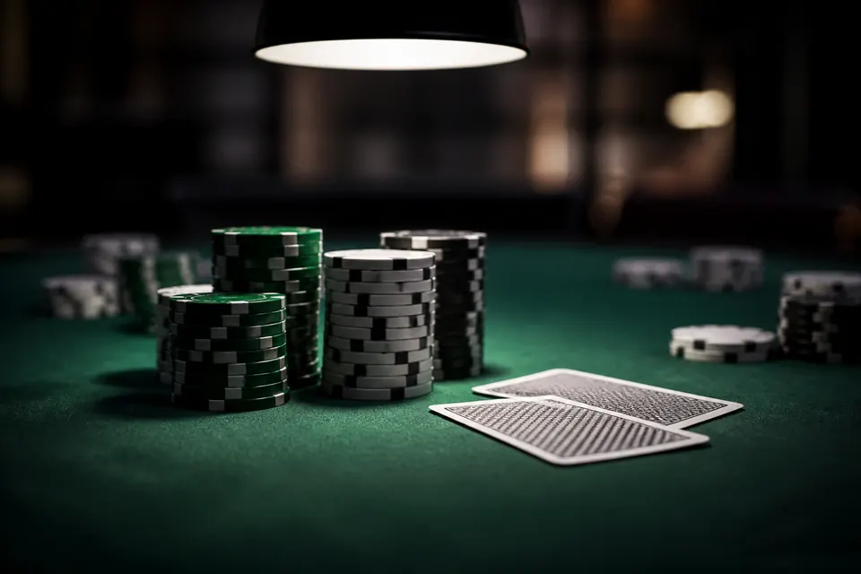 Poker utan svensk licens – pokermarker i staplar och två uppochnedvända spelkort på ett grönt filtbord under en lampa