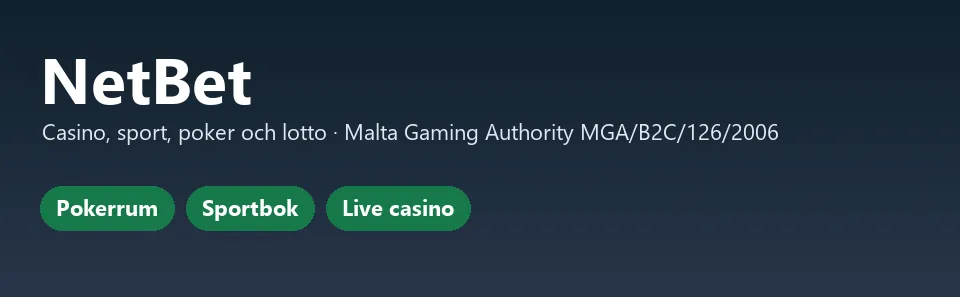 Faktakort för NetBet med licens och spelformer: pokerrum, sportbok och live casino