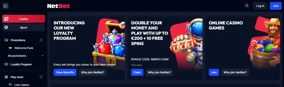 NetBets casinolobby med välkomstbonus och free spins