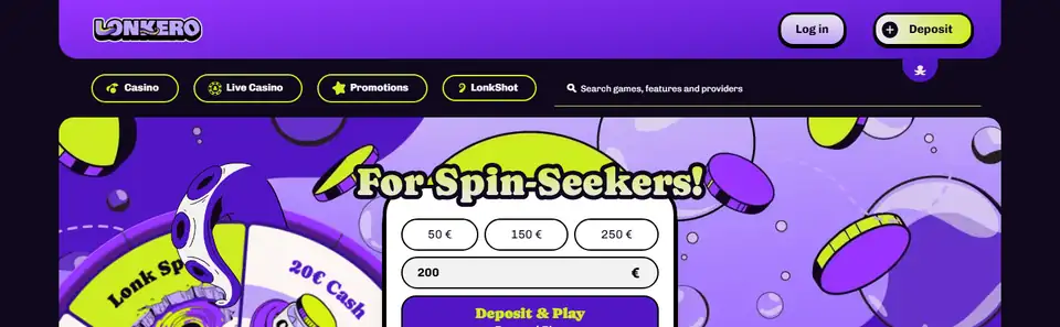 Lonkeros startsida med LonkShot-hjulet och knappen Deposit & Play
