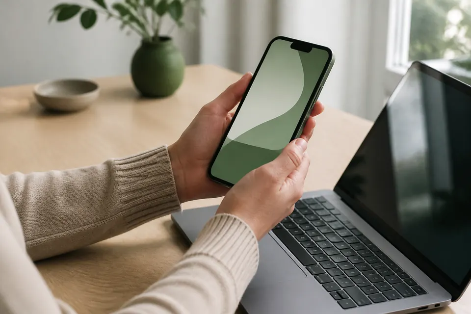 Händer som håller en mobiltelefon ovanför en laptop på ett ljust skrivbord, skärmen utan text