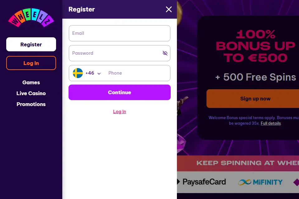 Wheelz registreringsruta med fälten Email, Password och Phone med +46