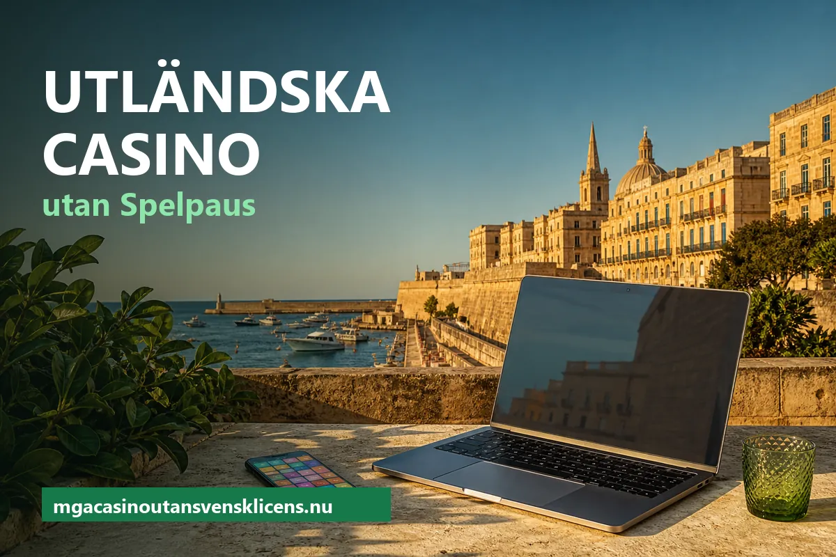 Utländska casino utan Spelpaus – laptop och mobil på en stenbalkong ovanför en medelhavshamn i kvällsljus